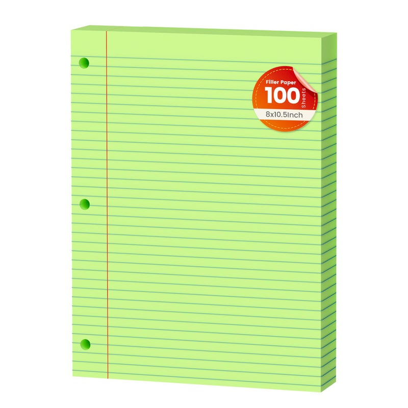 AILZFEI Green Loose Leaf Paper 100 Sheets Colored Filler Paper 8 * 10.5 College Ruled 3-Hole Punched for 3-Ring Binders Notebook Lined 8"" x 10.5"" - Image 1